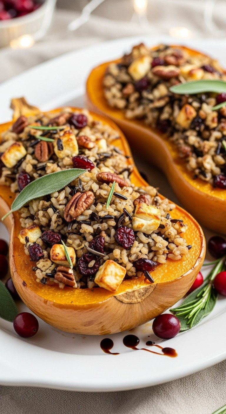 Halved, Deep-Orange Stuffed Butternut Squash With Wild Rice, Cranberries, Pecans, Sage, Feta, And Caramelized Edges On A White Platter.