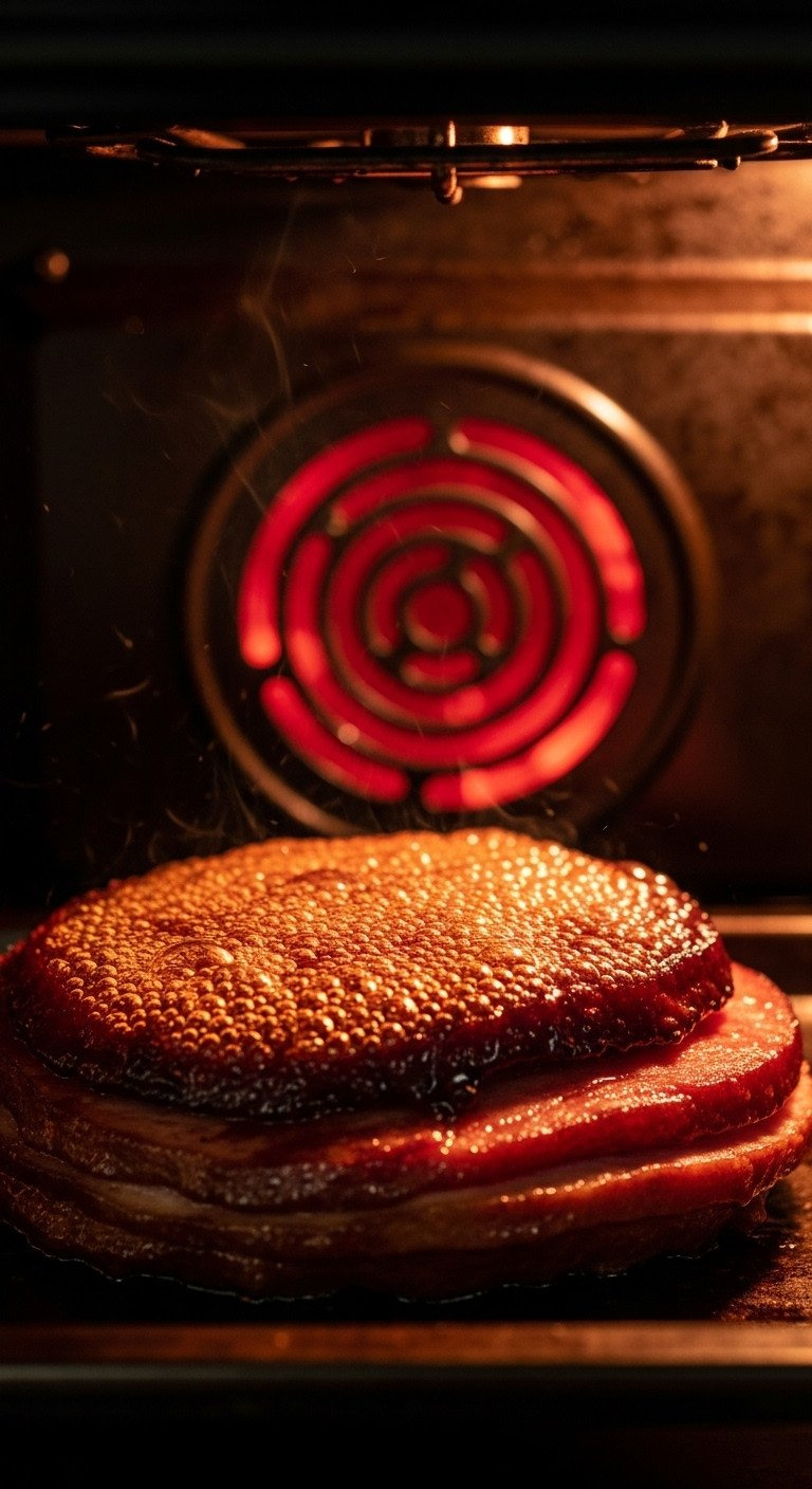 Ham Under Oven Broiler, Glaze Bubbling And Charring For Caramelization, With Glowing Red Broiler Element. Intense Heat, Dramatic Lighting.