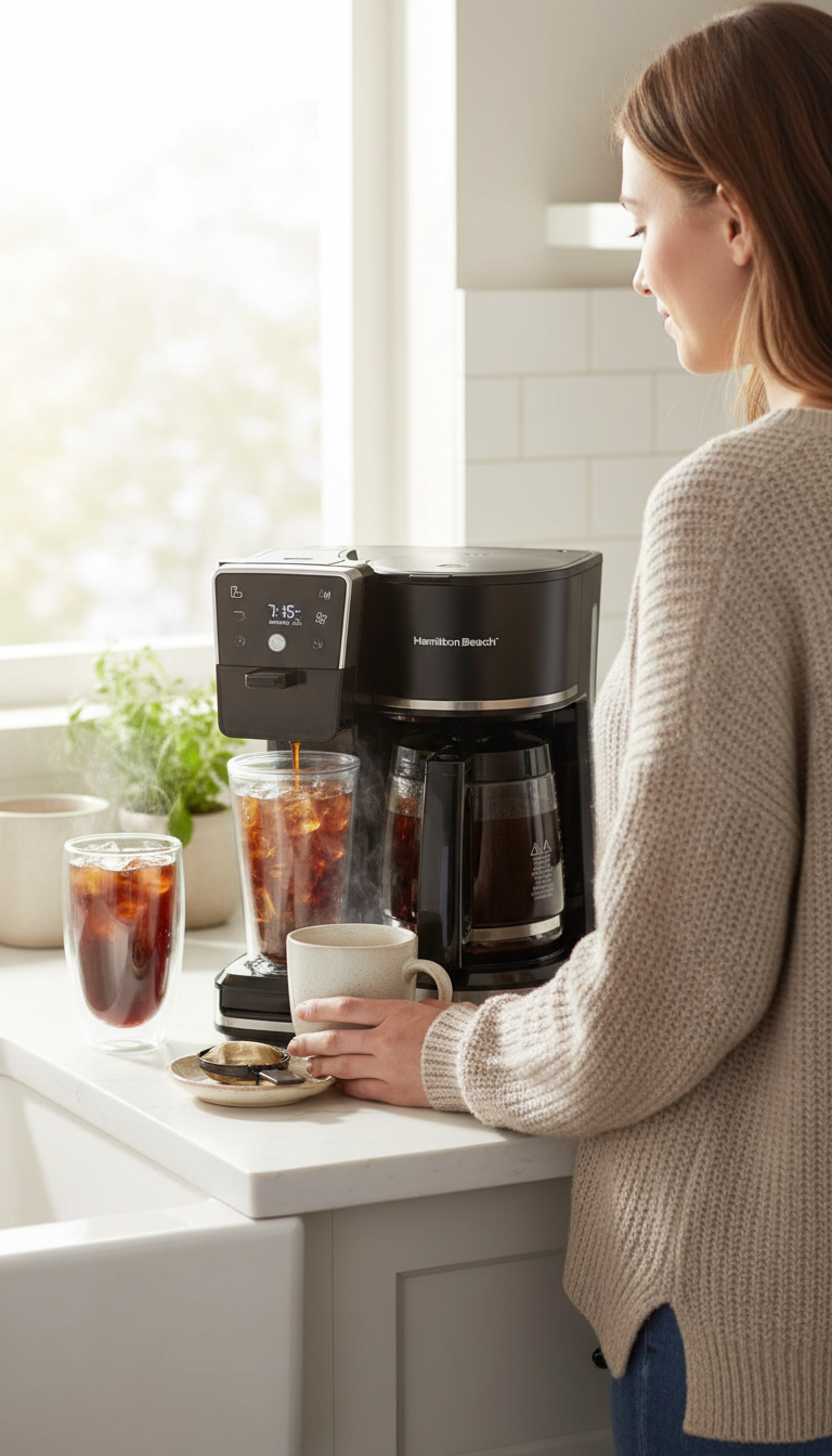 A Photo Showing The Hamilton Beach 2-Way Coffee Maker On A Kitchen Counter With A Digital Thermometer Next To A Filled Coffee Mug, And A Bag Of Coffee Beans Nearby.