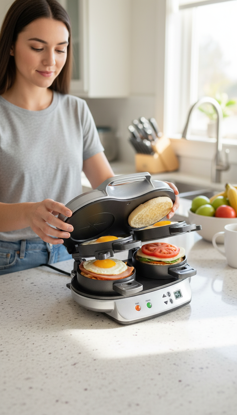 A Photo Showing The Hamilton Beach Dual Sandwich Maker On A Kitchen Counter With Ingredients Like Eggs, English Muffins, And Cheese Nearby.