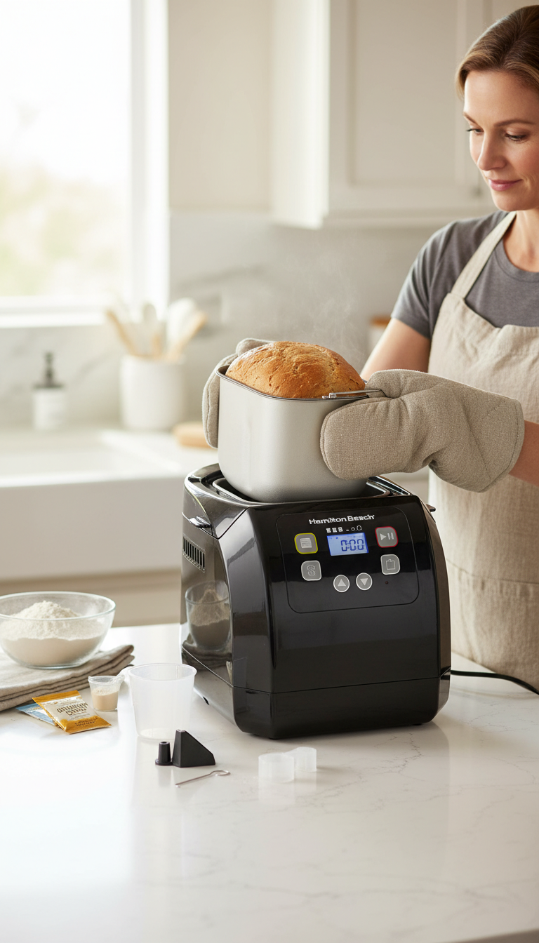 A Hamilton Beach Bread Maker On A Kitchen Counter With A Finished Gluten-Free Loaf And Digital Thermometer Next To It.
