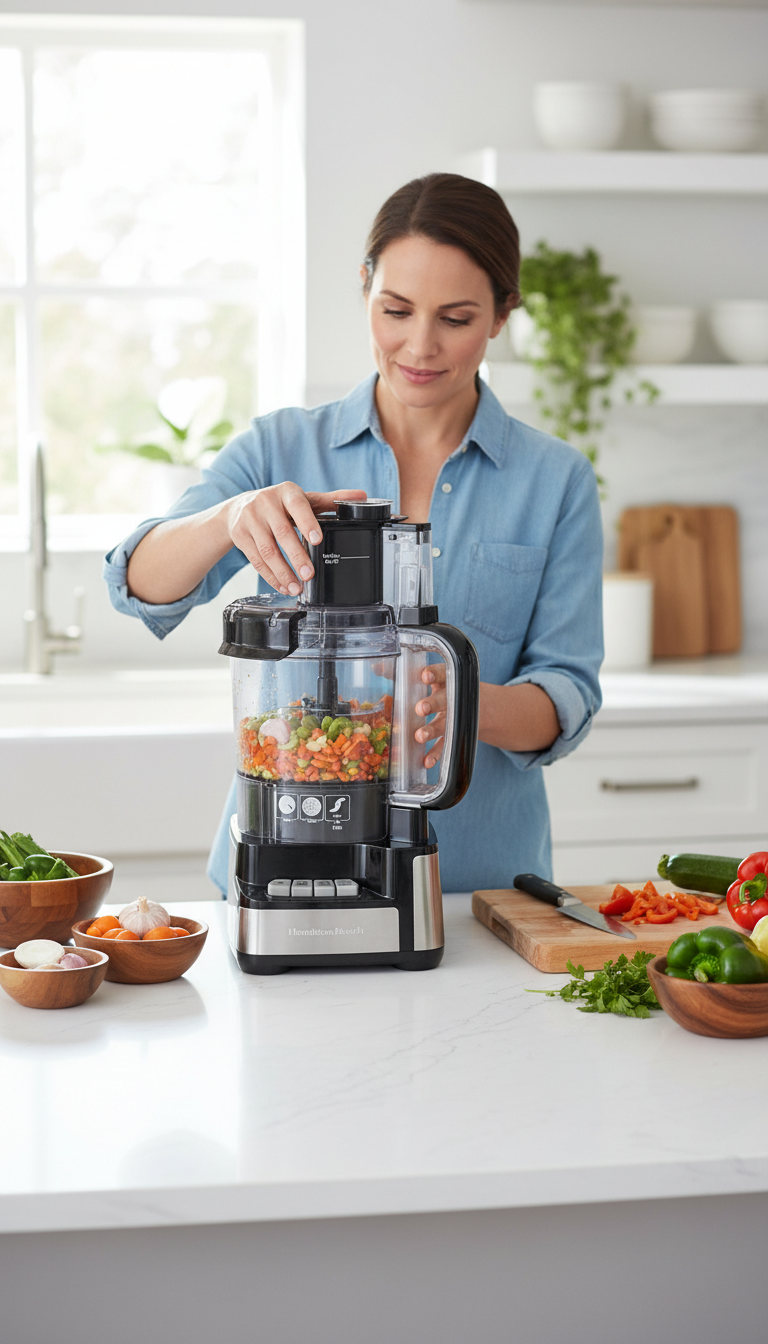 Hamilton Beach Stack &Amp; Snap Food Processor On A Kitchen Counter With Ingredients For Testing