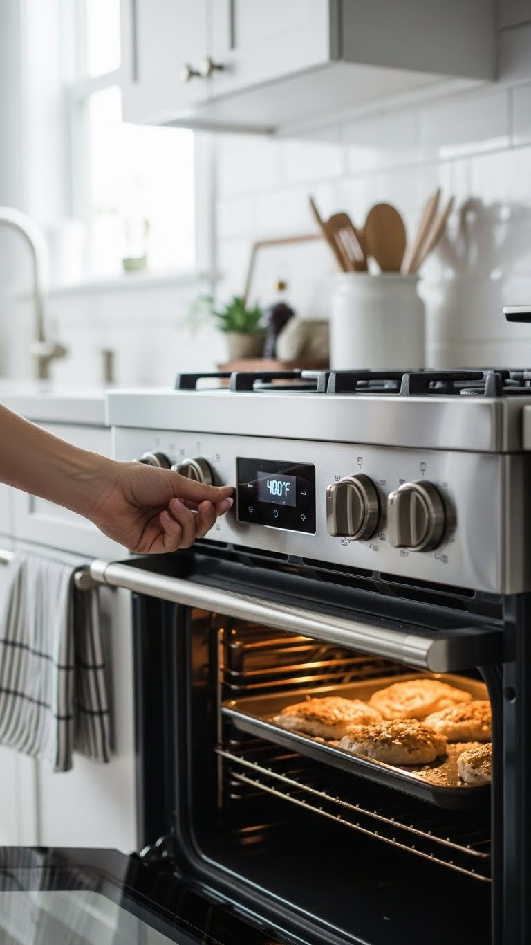Hand Adjusting Modern Oven Dial To 400°F With Baking Sheet Ready For Tilapia Preparation In Clean Kitchen Setting