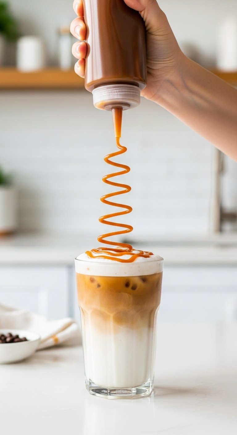 Hand Applying A Glossy Caramel Drizzle Spiral Over A Perfectly Layered Iced Caramel Macchiato In A Clear Glass.