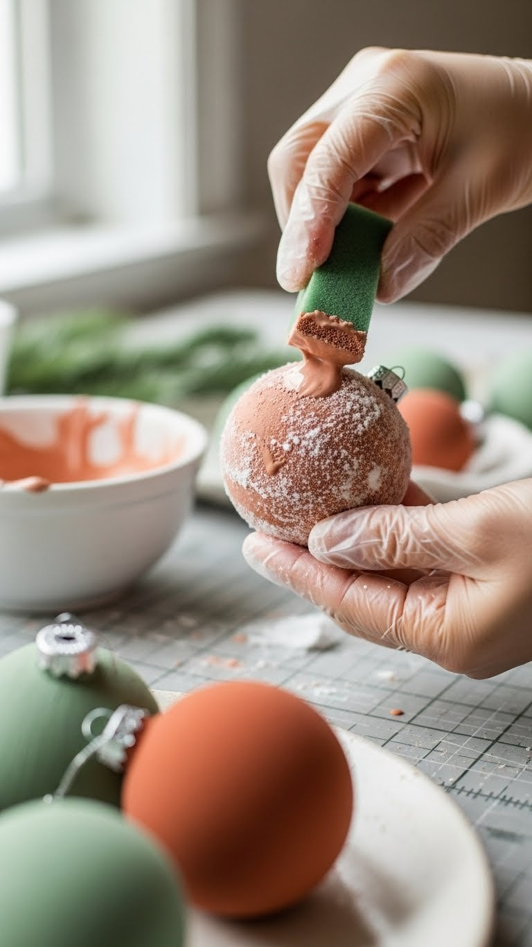 Hand Applying Baking Soda Paint Mixture To Christmas Ornament Using Foam Sponge On Protective Craft Mat