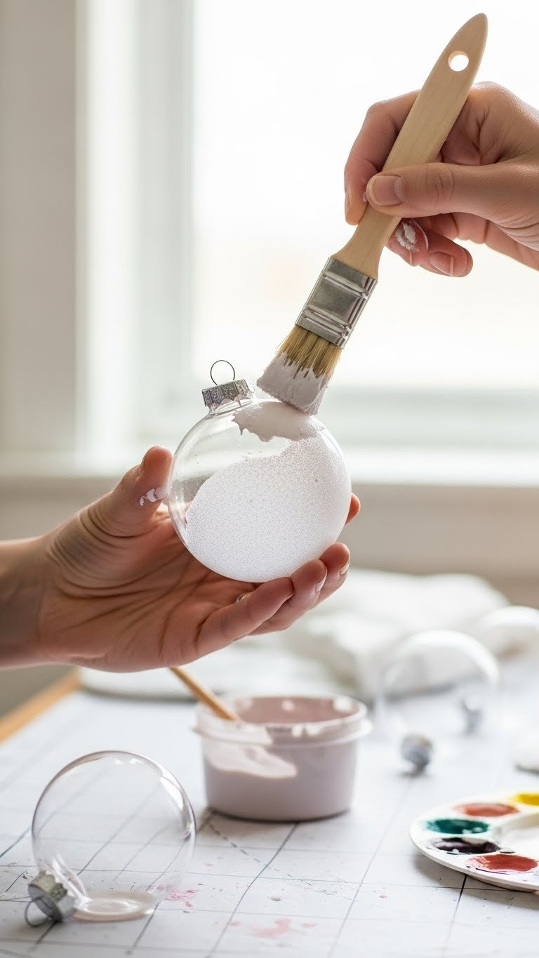 Hand Applying Baking Soda Paint Mixture To Clear Ornament Using Sponge Brush On Craft Mat With Paint Supplies