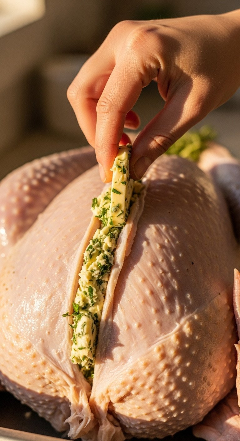Hand Applying Herb Compound Butter Under Turkey Skin For Roasting. Warm Golden Light Creates Festive Mood For Holiday Meal Preparation.