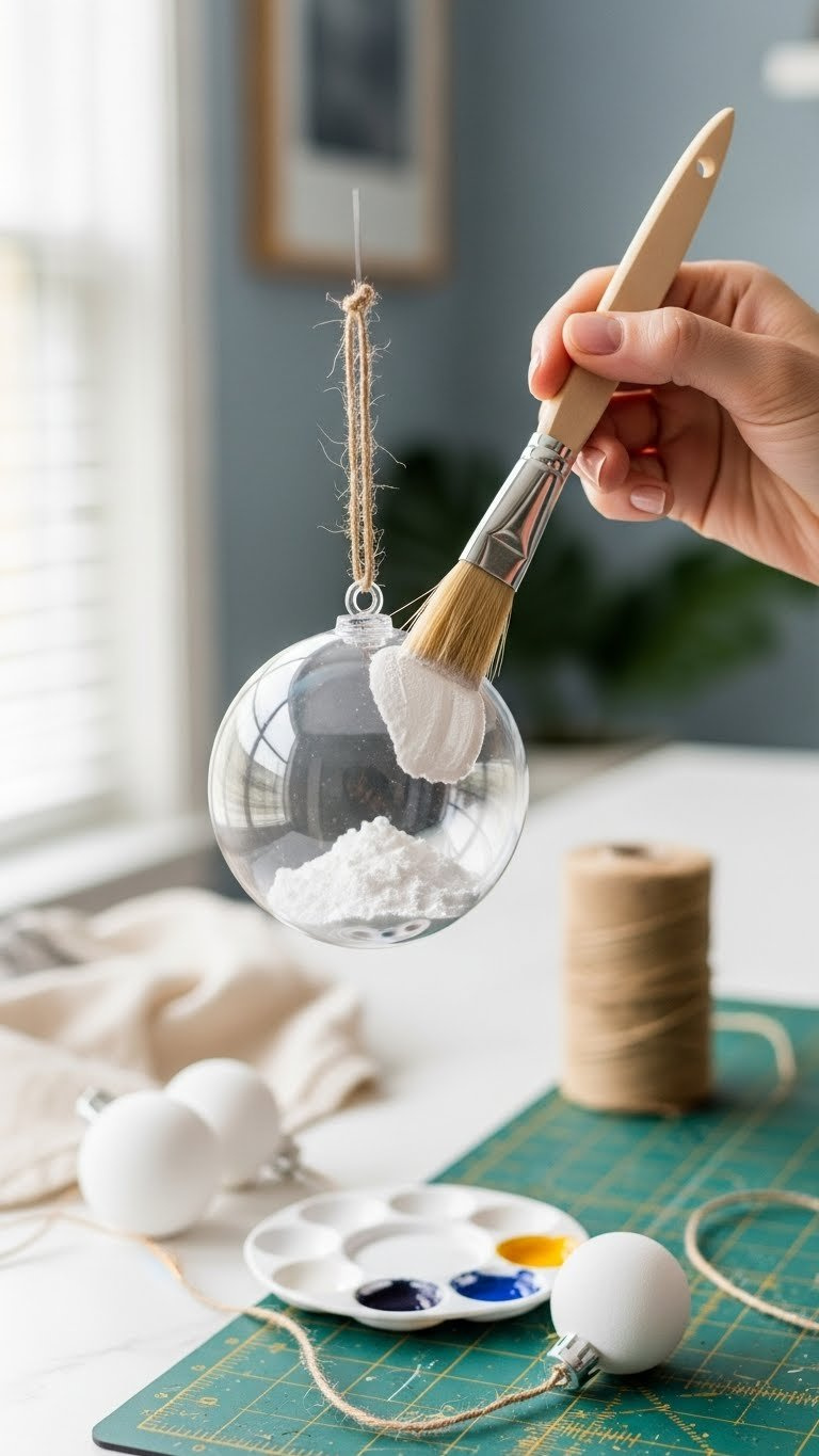 Hand Applying Textured Baking Soda Paint To Plastic Ornament With Foam Brush, Creating Matte Finish With Soft Bokeh Background