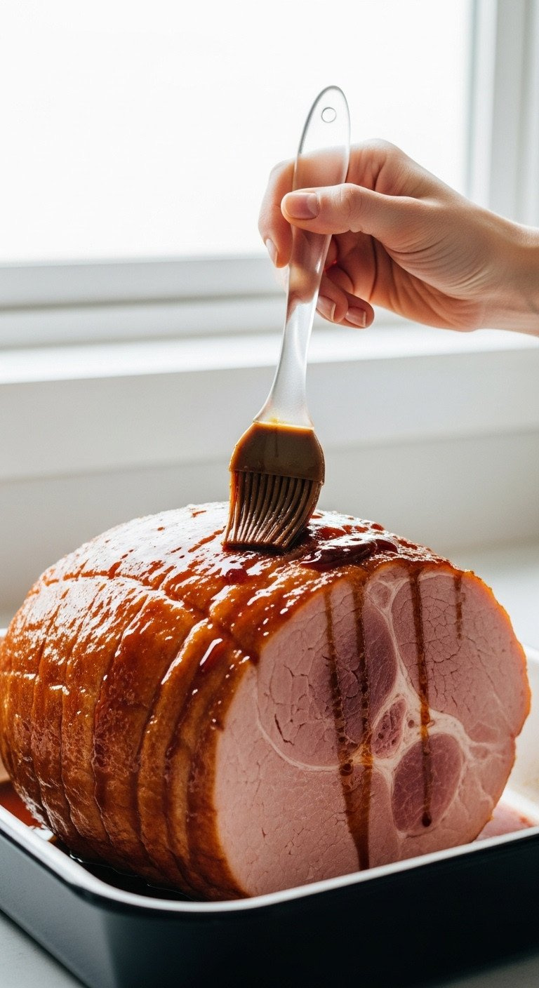 Hand Basting A Pre-Cooked Spiral Ham With Dark Brown Sugar Glaze In A Roasting Pan, Showing Initial Glazing, Clean Kitchen Counter.