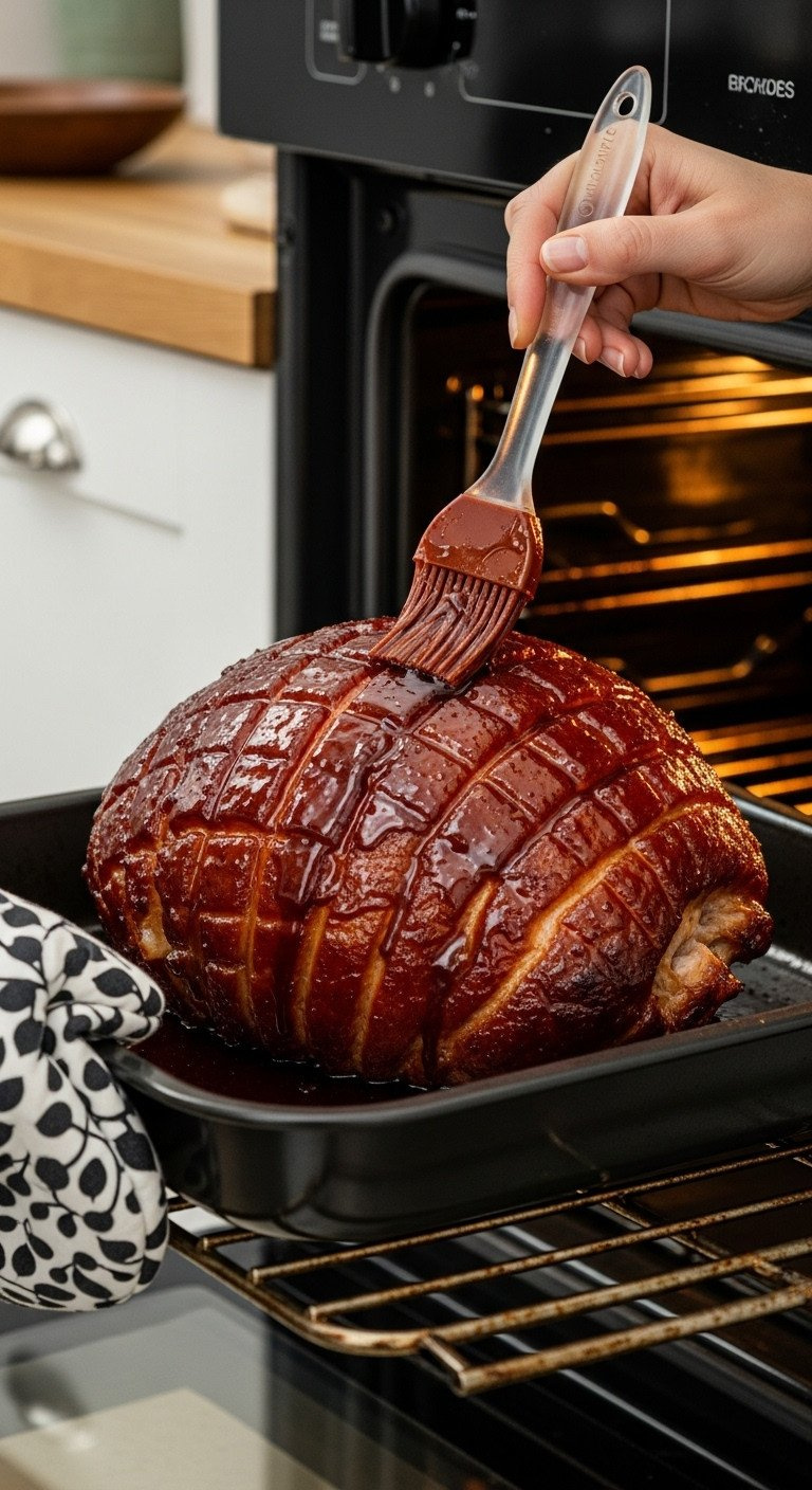 Hand Basting Thick, Glossy Glaze Onto A Mahogany Ham, Pulled From Oven With Mitt, Glaze Dripping For A Perfect Holiday Roast.