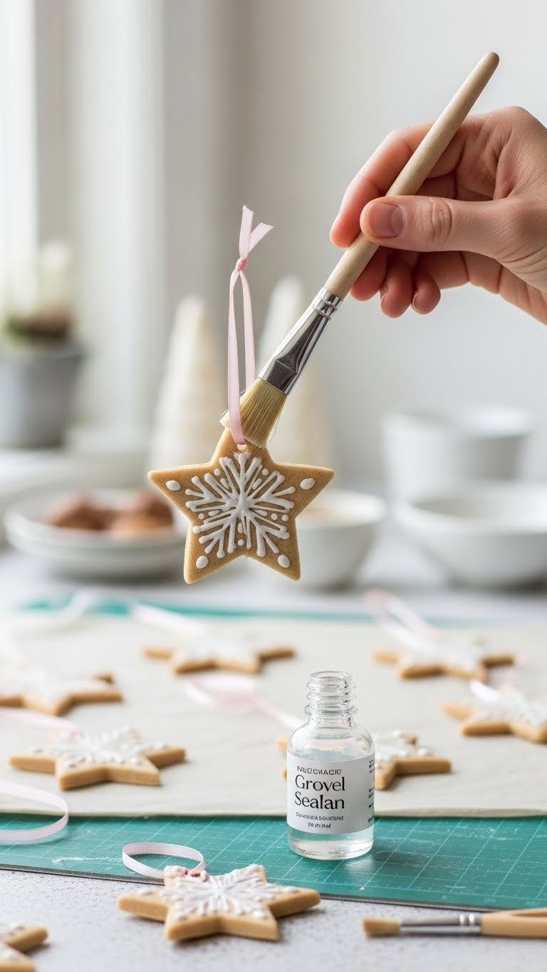 Hand Brushing Clear Sealant On Decorated Baking Soda Ornament Hanging From Ribbon With Craft Supplies In Background