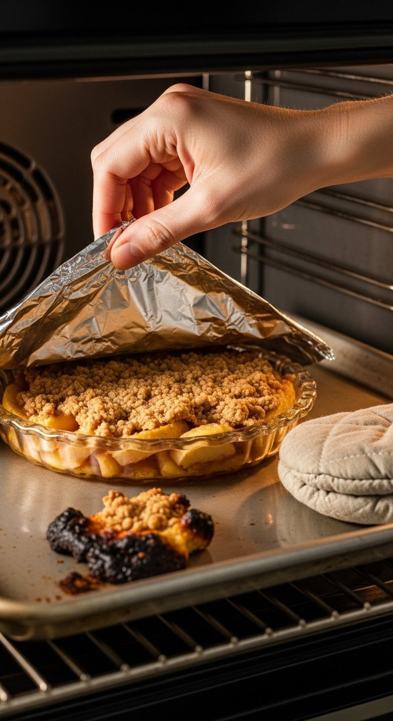 Hand Carefully Tenting A Partially Baked Apple Crisp With Aluminum Foil In An Oven, Preventing Burn While Golden And Bubbling.