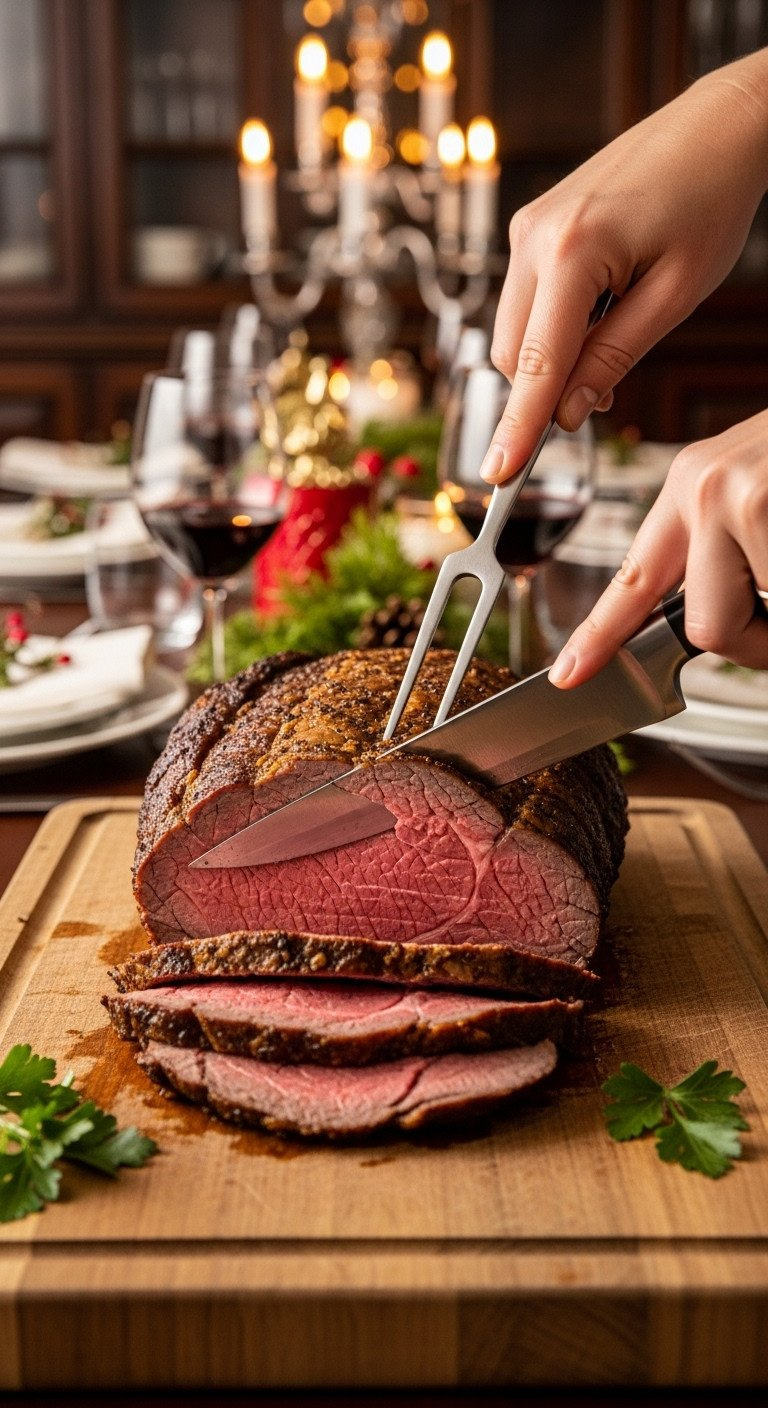 Hand Carving Juicy Medium-Rare Beef Roast Slices On A Wooden Board With Parsley, Ready For A Festive Meal.