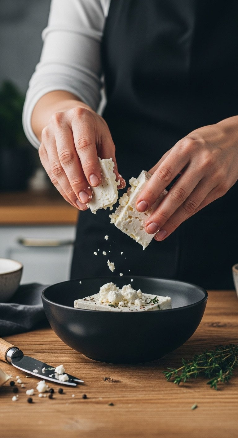 Hand Crumbling Fresh Feta Cheese Over A Dark Bowl On A Rustic Wooden Table. Perfect For Salads And Mediterranean Recipes.