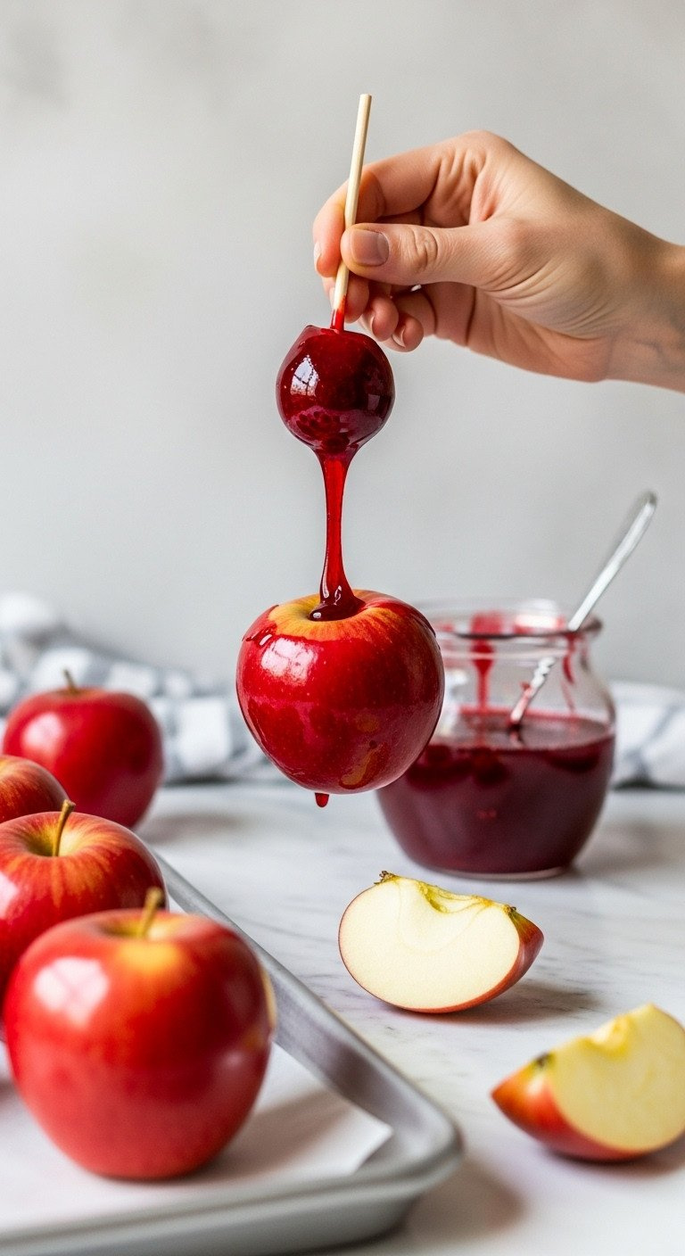 Hand Dipping A Clean Red Apple Into Vibrant, Glossy Red Candy Syrup, Showing Smooth Coating On A Marble Countertop.