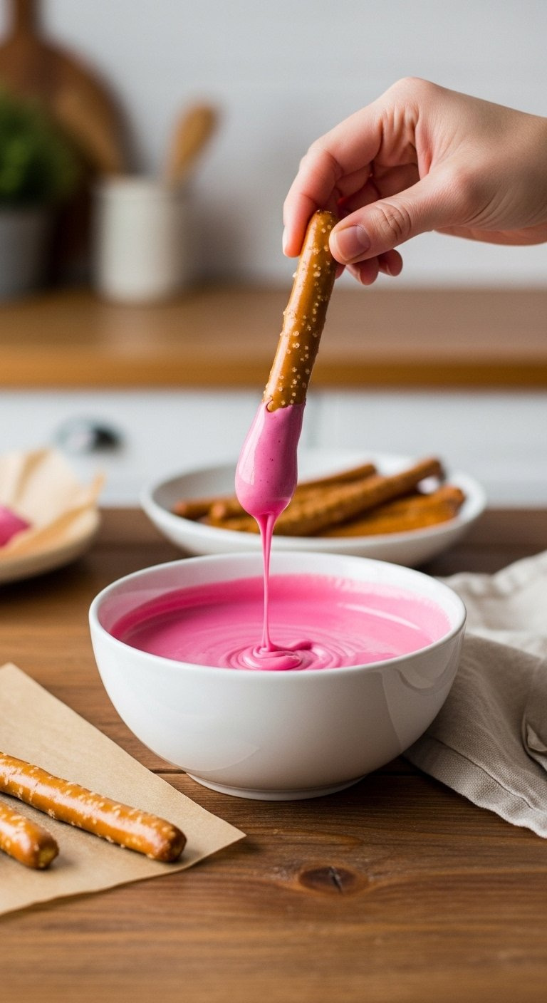Hand Dipping A Pretzel Rod Into A Bowl Of Vibrant Pink Melted Chocolate On Rustic Wood.