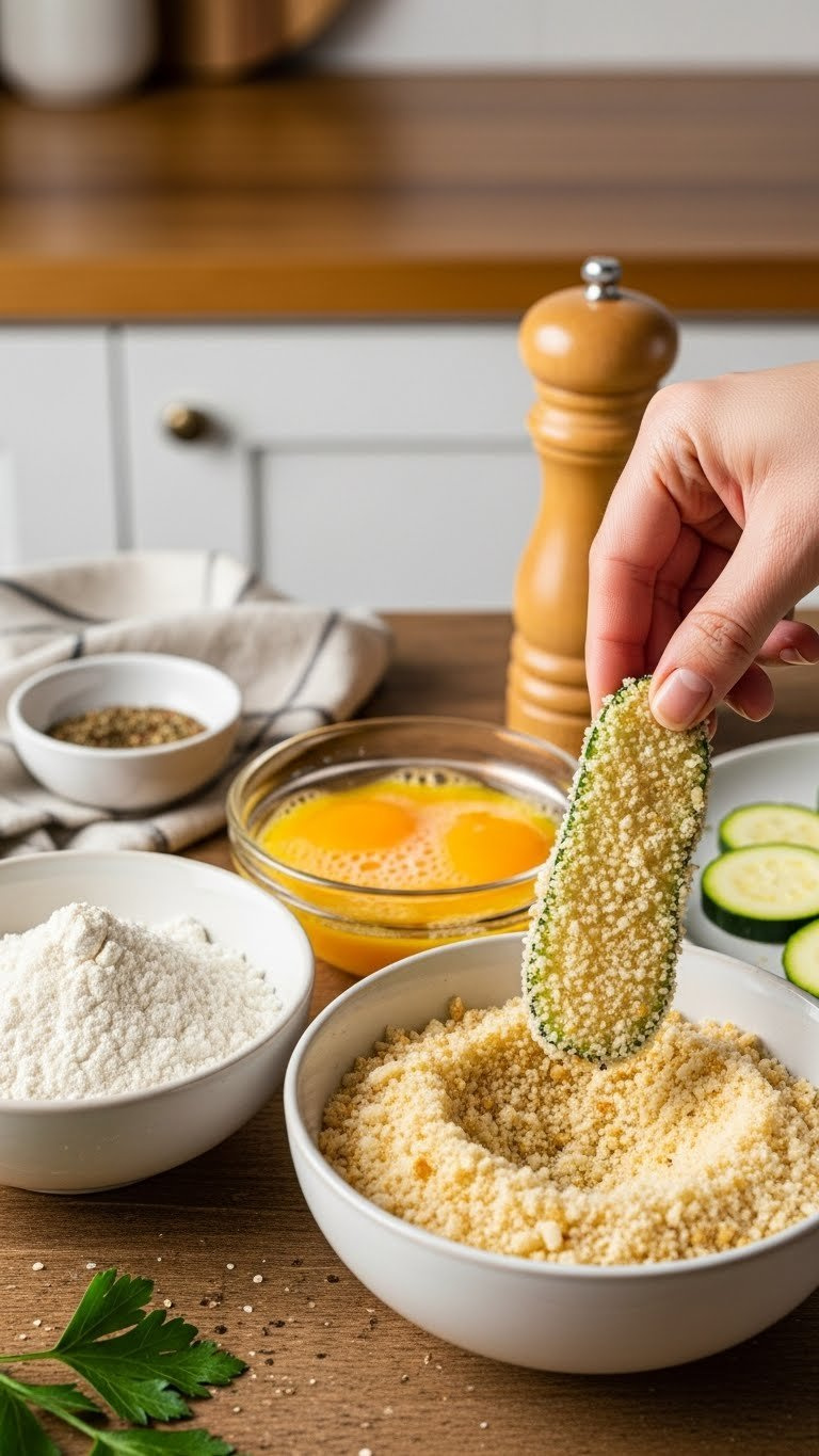 Hand Dipping Zucchini Slice Into Breading Station With Flour, Eggs, And Panko Parmesan Mixture In Rustic Bowls