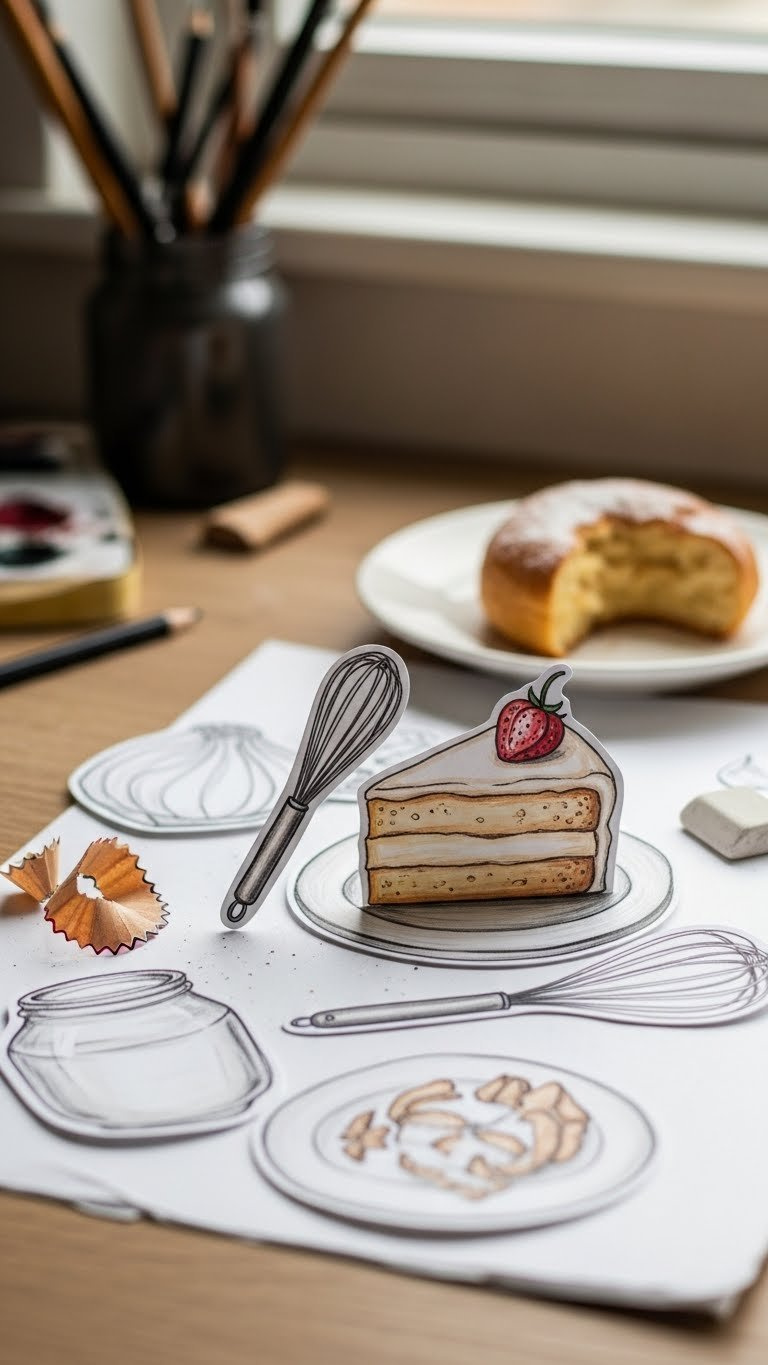 Hand-Drawn Baking Clipart Featuring Sketched Cake Slice And Organic Whisk With Pencil Textures On Paper Background