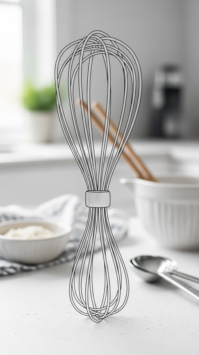 Hand-Drawn Whisk Doodle With Delicate Loops On Textured White Background, Featuring Mixing Bowl And Measuring Spoons