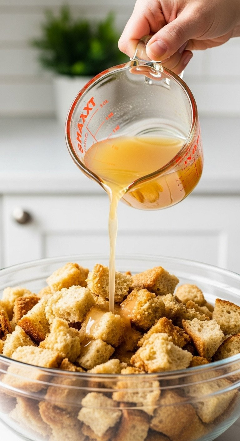 Hand Drizzling Golden Chicken Broth From A Measuring Cup Over A Large Bowl Of Dry Stuffing Mixture, Liquid Absorbing.