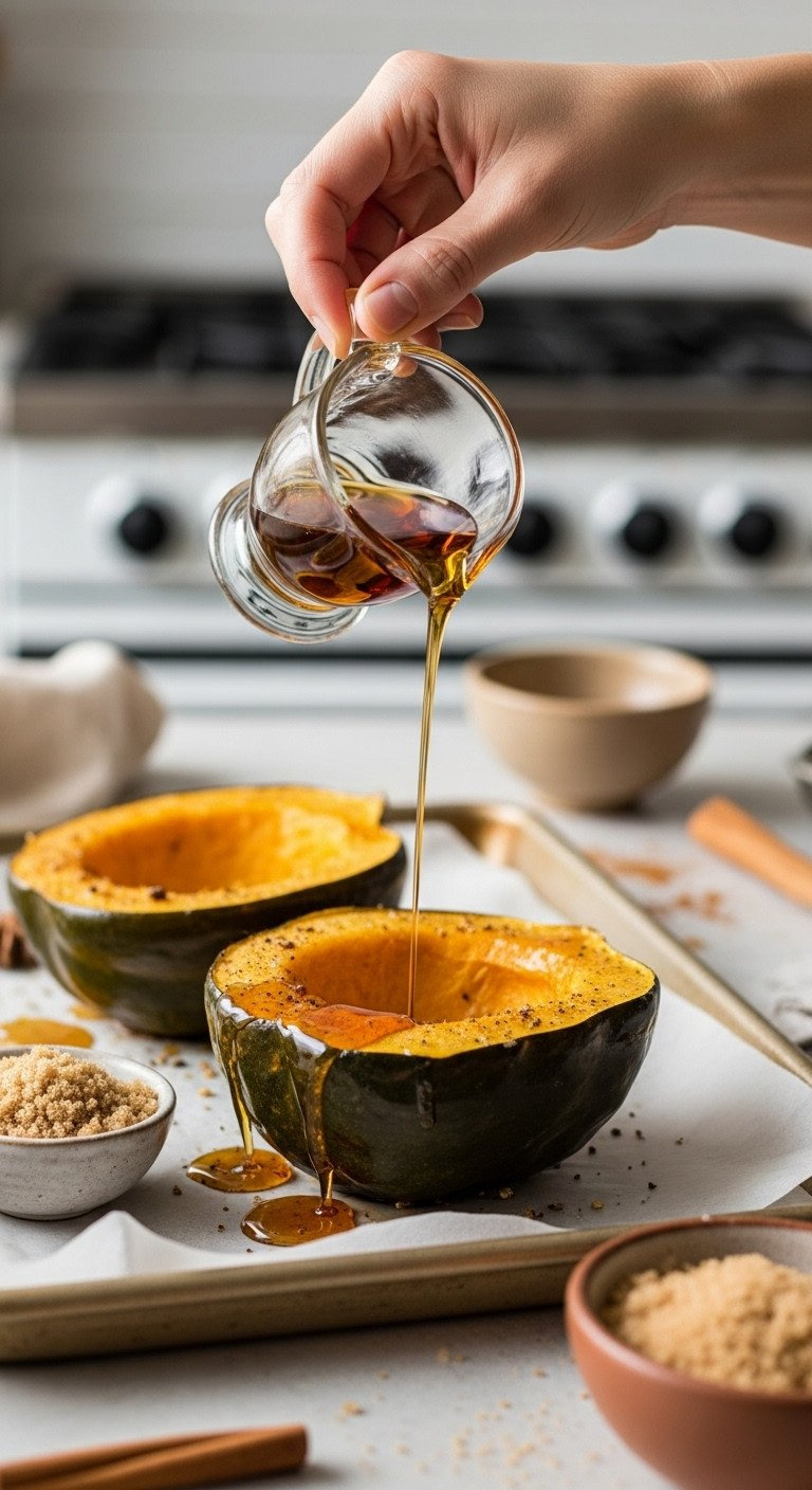 Hand Drizzling Golden Maple Syrup Into A Seasoned Acorn Squash Half On Baking Sheet, Sweet Fall Recipe Prep.