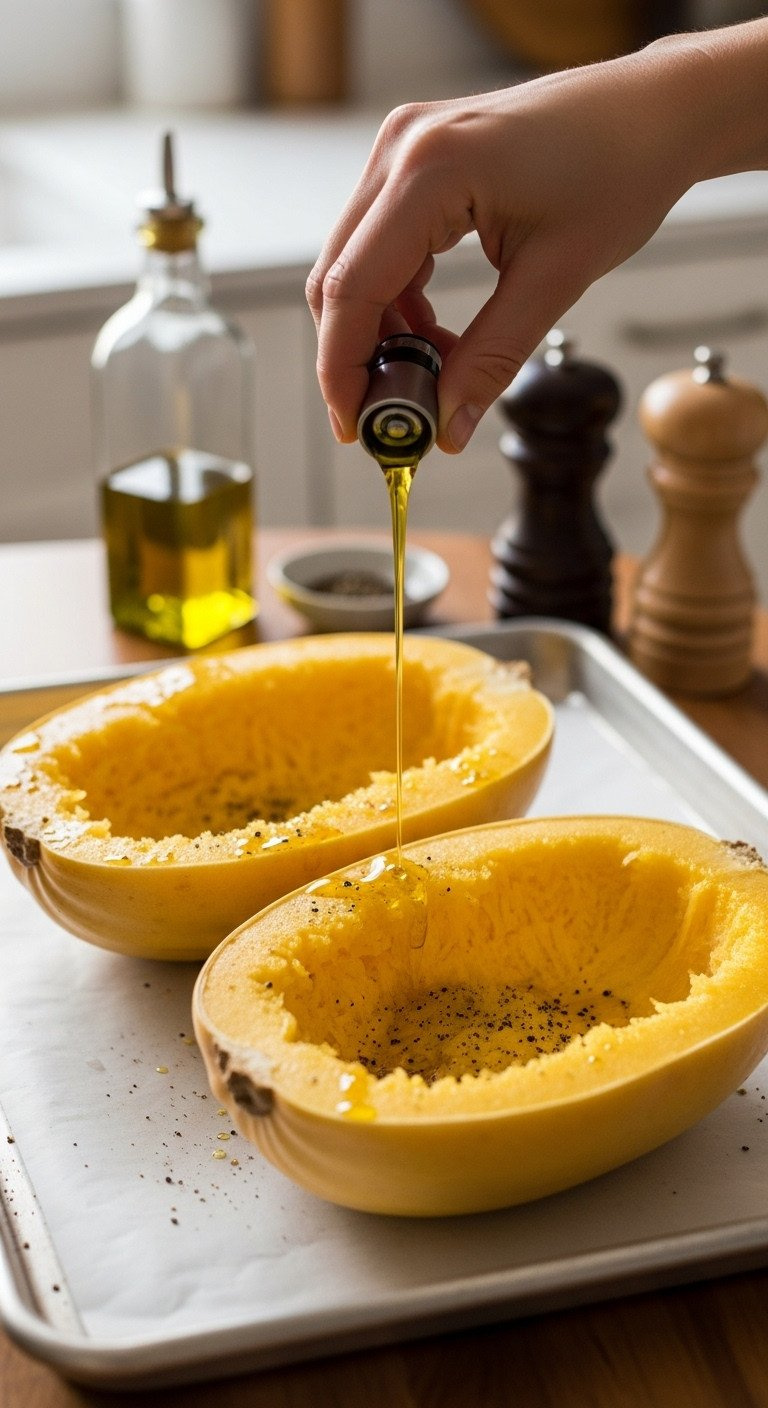 Hand Drizzling Olive Oil Over Two Spaghetti Squash Halves Seasoned With Salt And Pepper On A Baking Sheet Before Roasting.