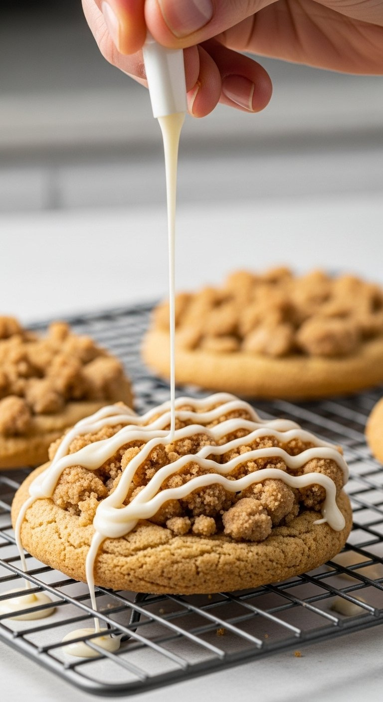 Hand Drizzling White Vanilla Glaze Over Baked Coffee Cake Cookie On Cooling Rack.