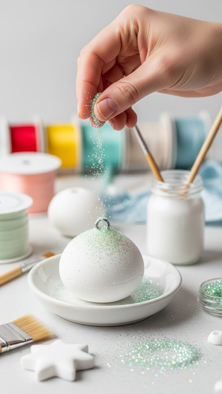 Hand Dusting Iridescent Glitter Onto White Baking Soda Ornament With Craft Supplies In Bright Daylight.