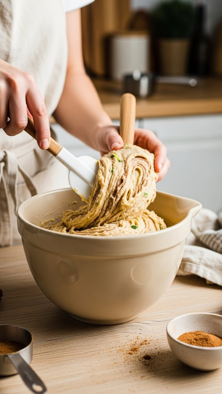 Hand Folding Zucchini Bread Batter With Cinnamon Swirls In Mixing Bowl Using Wooden Spatula