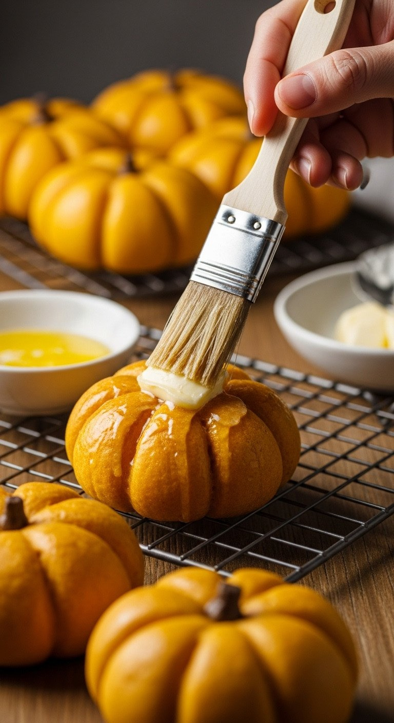 Hand Glazing Warm Pumpkin-Shaped Dinner Rolls With Glistening Melted Butter Using A Pastry Brush On A Cooling Rack.