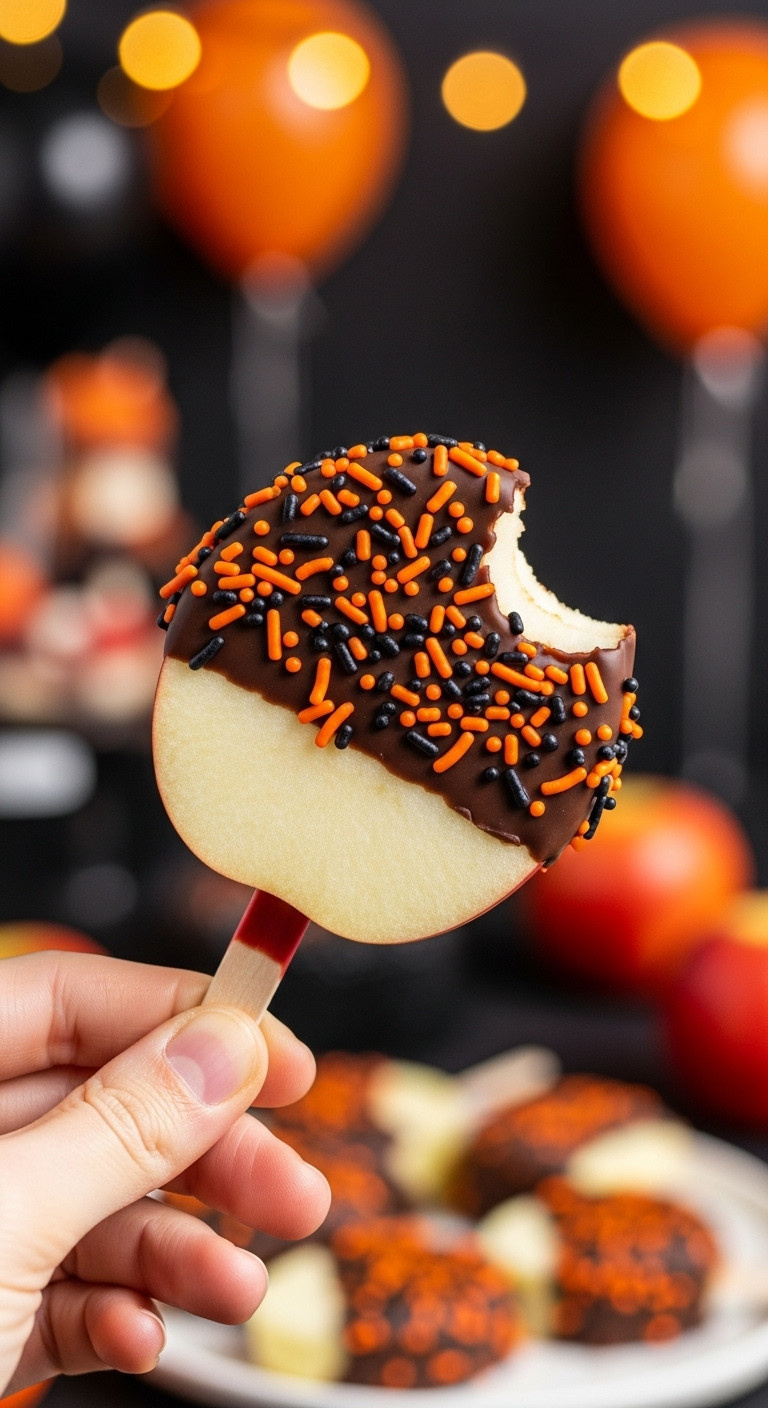 Hand Holding A Chocolate-Dipped Apple Pop With Orange/Black Sprinkles, A Bite Taken Out. Fun Halloween Party Treat.