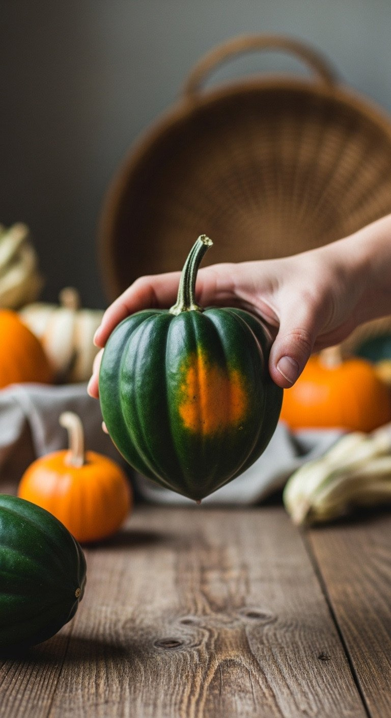 Hand Holding A Dark Green Acorn Squash With An Orange Patch On A Rustic Wooden Farmer's Market Table, Blurred Fall Vegetables Background.