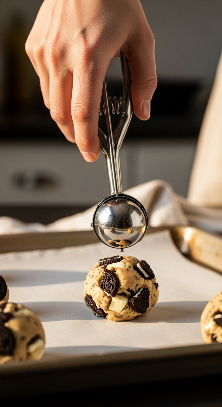 Hand Holding A Stainless Steel Cookie Scoop Releasing Dough Onto A Parchment-Lined Baking Sheet.