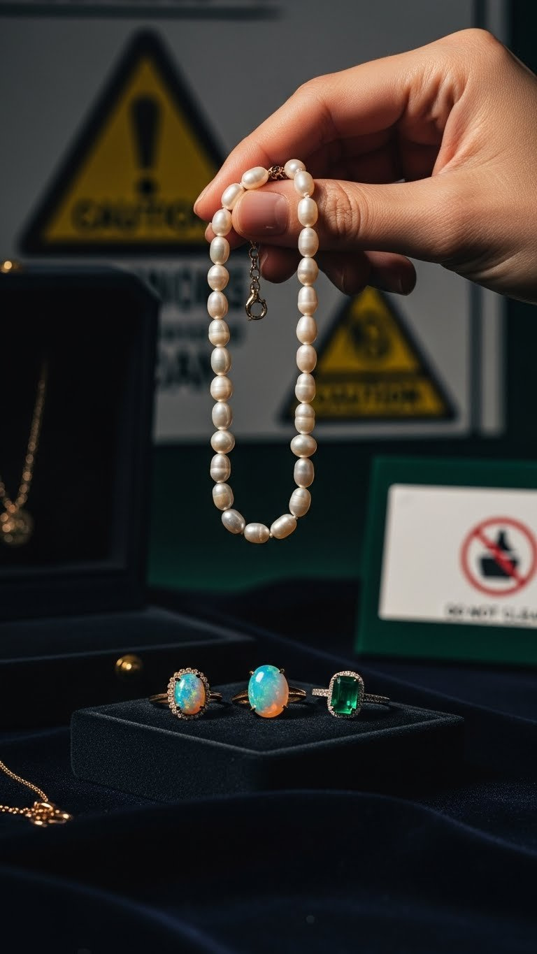 Hand Holding Delicate Pearl Necklace, Opal Ring, And Emerald Pendant That Should Not Be Cleaned With Baking Soda