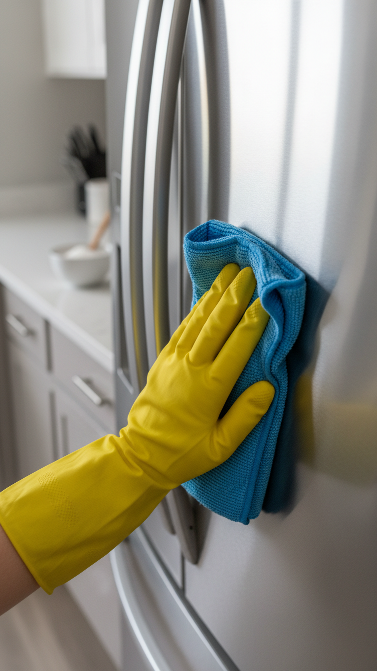 Hand In Yellow Glove Buffing Stainless Steel Refrigerator Door With Microfiber Cloth To Create Streak-Free Mirror Shine.