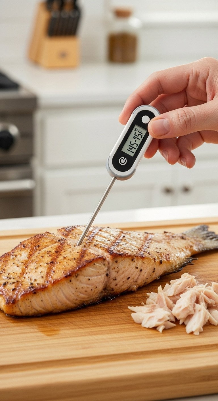 Hand Inserts Digital Thermometer Into Perfectly Seared Mahi Mahi Fillet On A Wooden Board, Displaying 145F For Food Safety Verification.