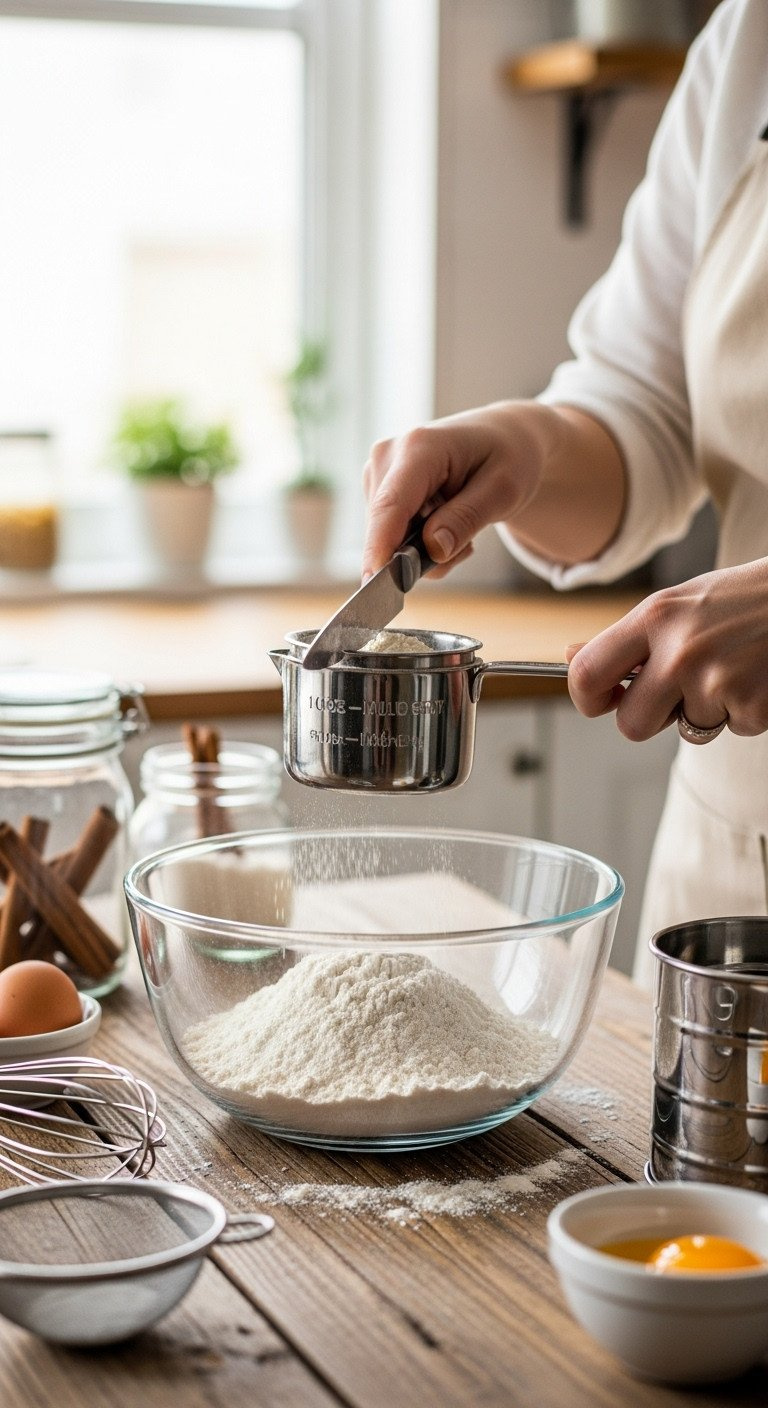 Hand Leveling All-Purpose Flour In A Measuring Cup With A Knife Over A Glass Bowl On A Rustic Wood Table With Baking Ingredients.