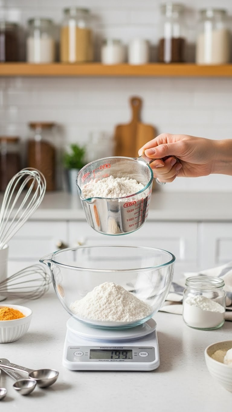 Hand Measuring All-Purpose Flour With Precision Using A Measuring Cup And Digital Scale For Accurate Baking Ingredient Preparation.
