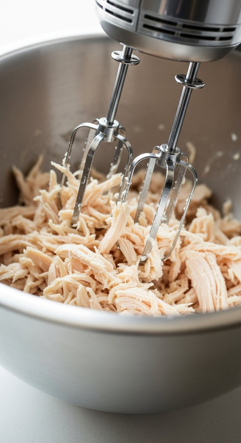 Hand Mixer Shredding Cooked Chicken Breast Into Fine Pieces Inside A Stainless Steel Mixing Bowl.