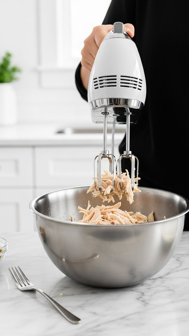 Hand Mixer Shredding Cooked Tender Chicken Breasts Efficiently In Stainless Steel Bowl