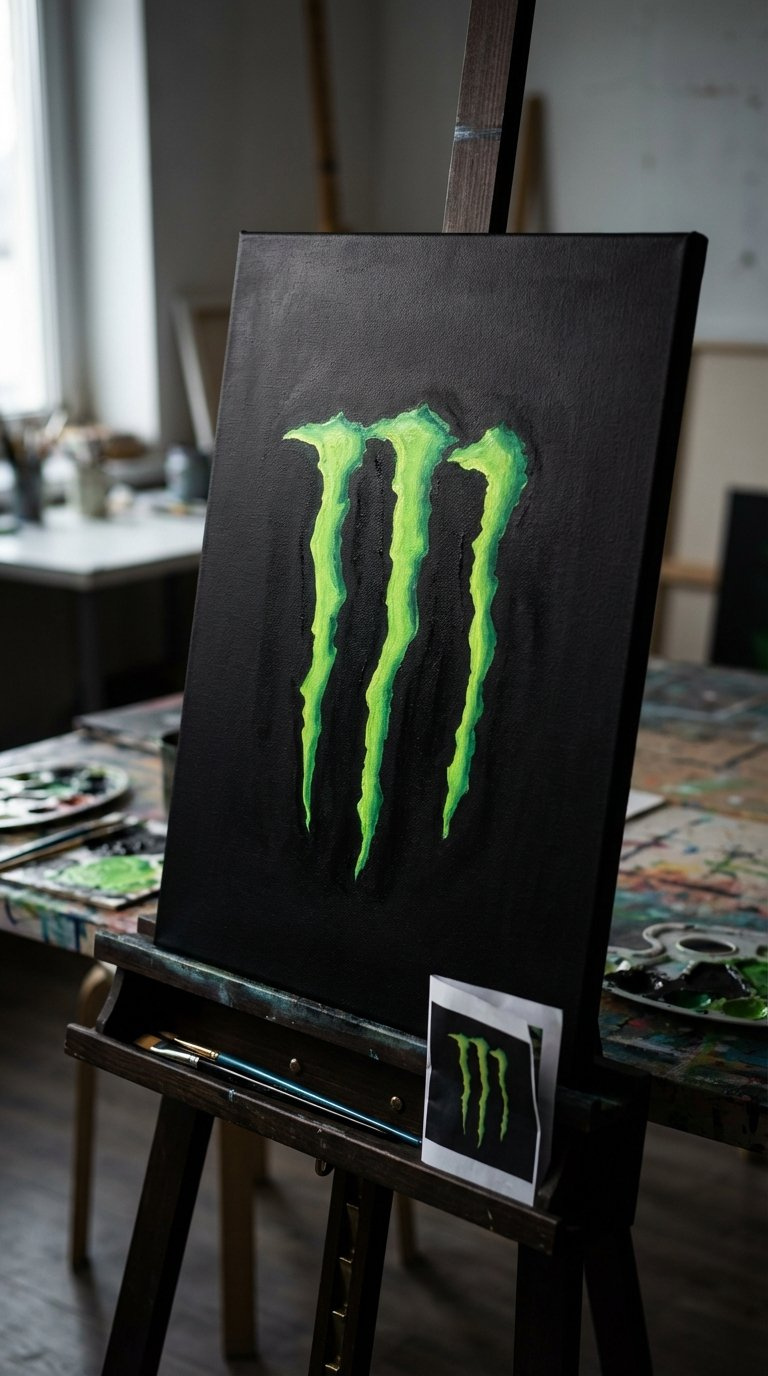 Hand-Painted Monster Energy Claw Logo With Vibrant Green Strokes On Black Matte Canvas With Art Studio Background