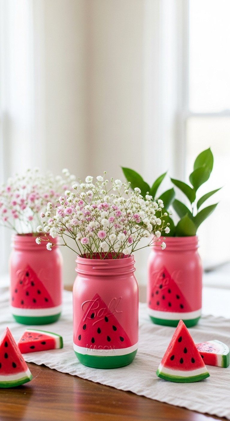 Hand-Painted Watermelon Mason Jar Centerpieces Filled With Pink Baby's Breath And Green Leaves On A Rustic Wooden Table.