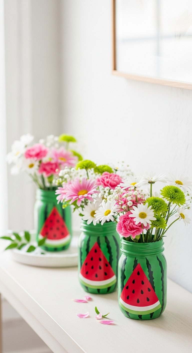 Hand-Painted Watermelon Mason Jar Vases Filled With Fresh Daisies And Carnations On A Light Console Table.