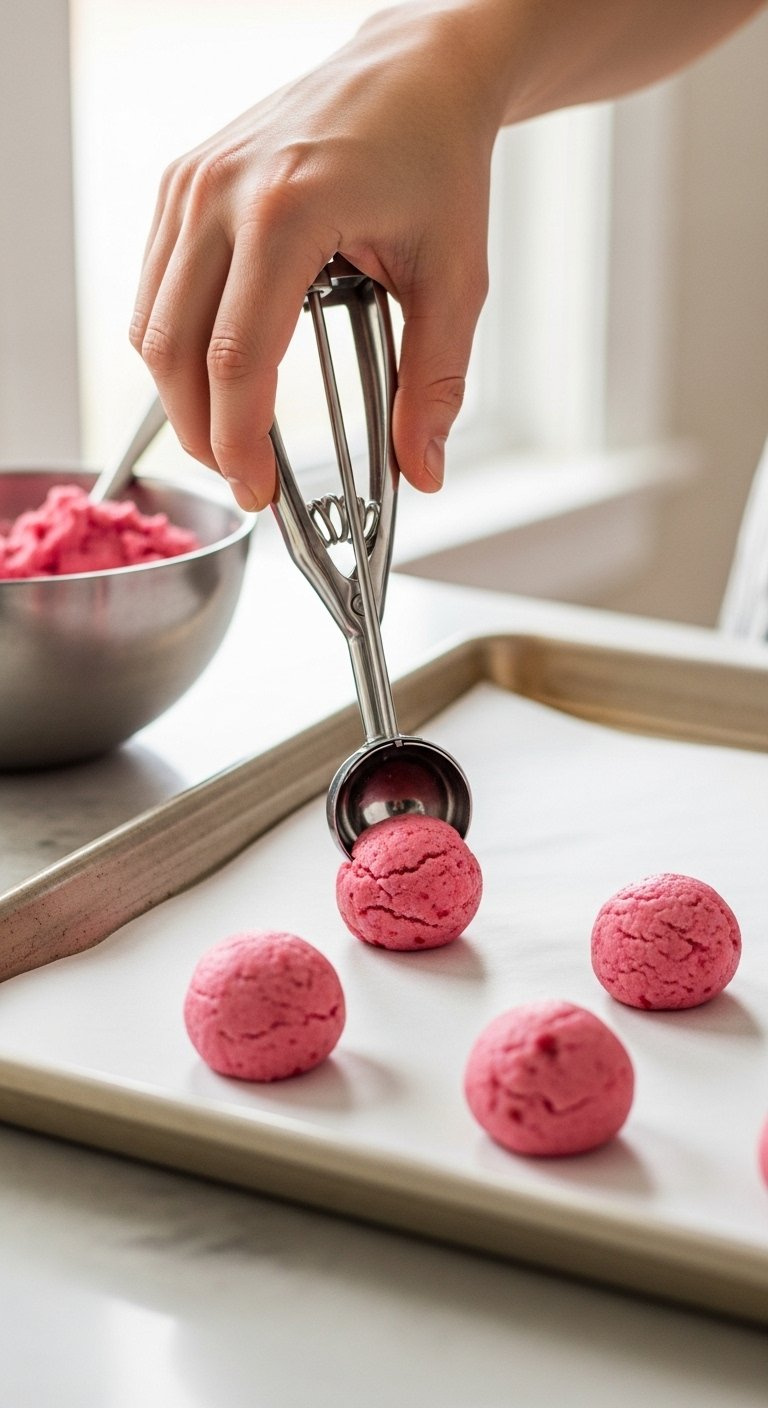 Hand Placing A Perfect Ball Of Pink Strawberry Cookie Dough Onto A Parchment-Lined Baking Sheet With A Scoop.