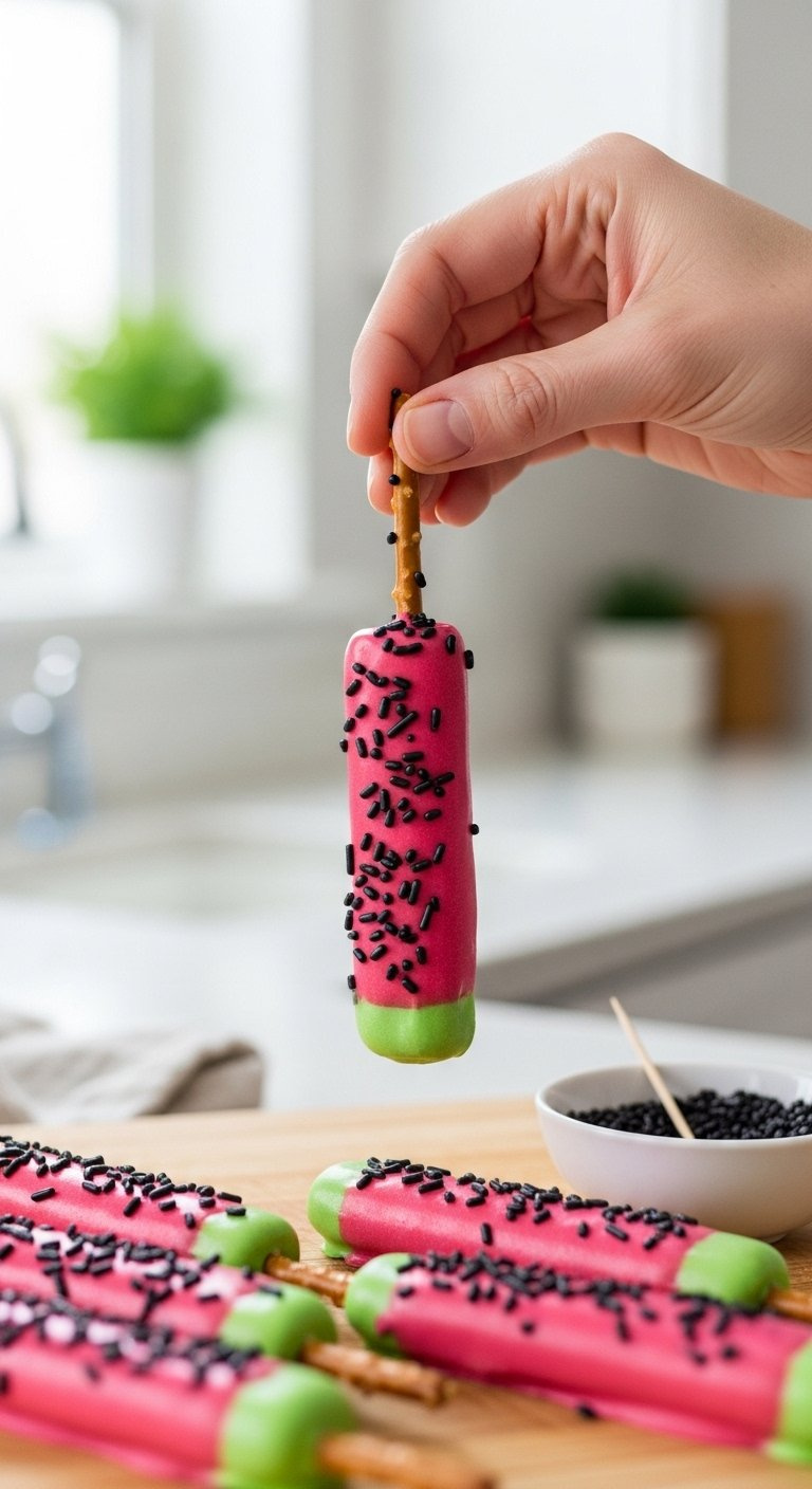 Hand Placing Tiny Black Seed Sprinkles Onto The Pink Section Of A Watermelon Pretzel.