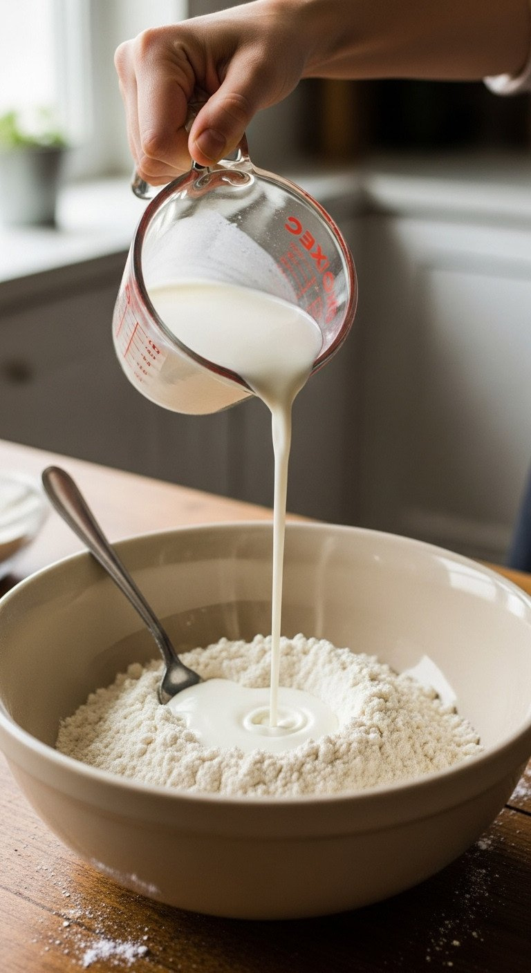 Hand Pouring Cold Buttermilk From Glass Measuring Cup Into Flour Mixture In Ceramic Bowl On Rustic Wooden Table, For Baking.