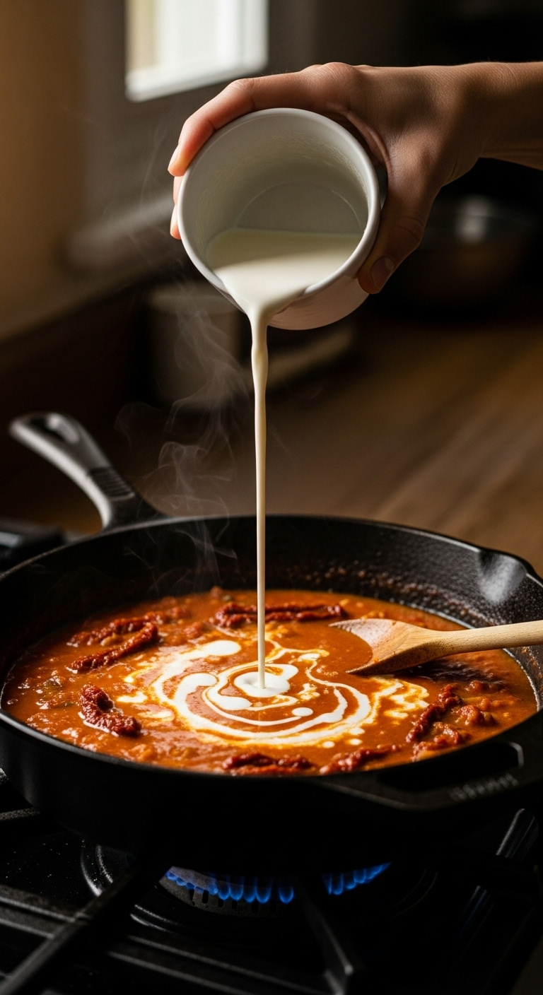Hand Pouring Heavy Cream Into Simmering Tuscan Sauce In A Cast Iron Skillet On A Dark Stovetop With A Wooden Spoon