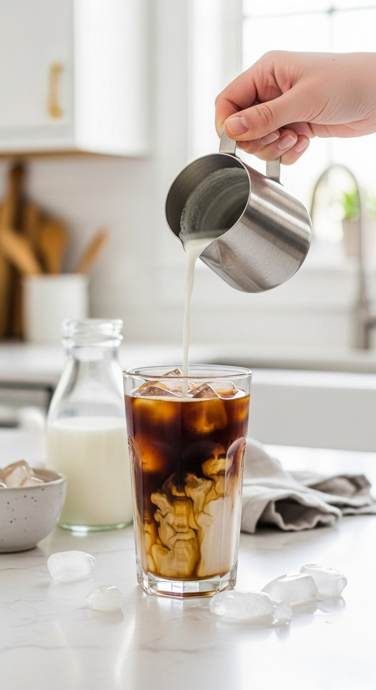 Hand Pouring Milk Into A Glass Of Iced Coffee Creating Distinct Layers With Ice Cubes.