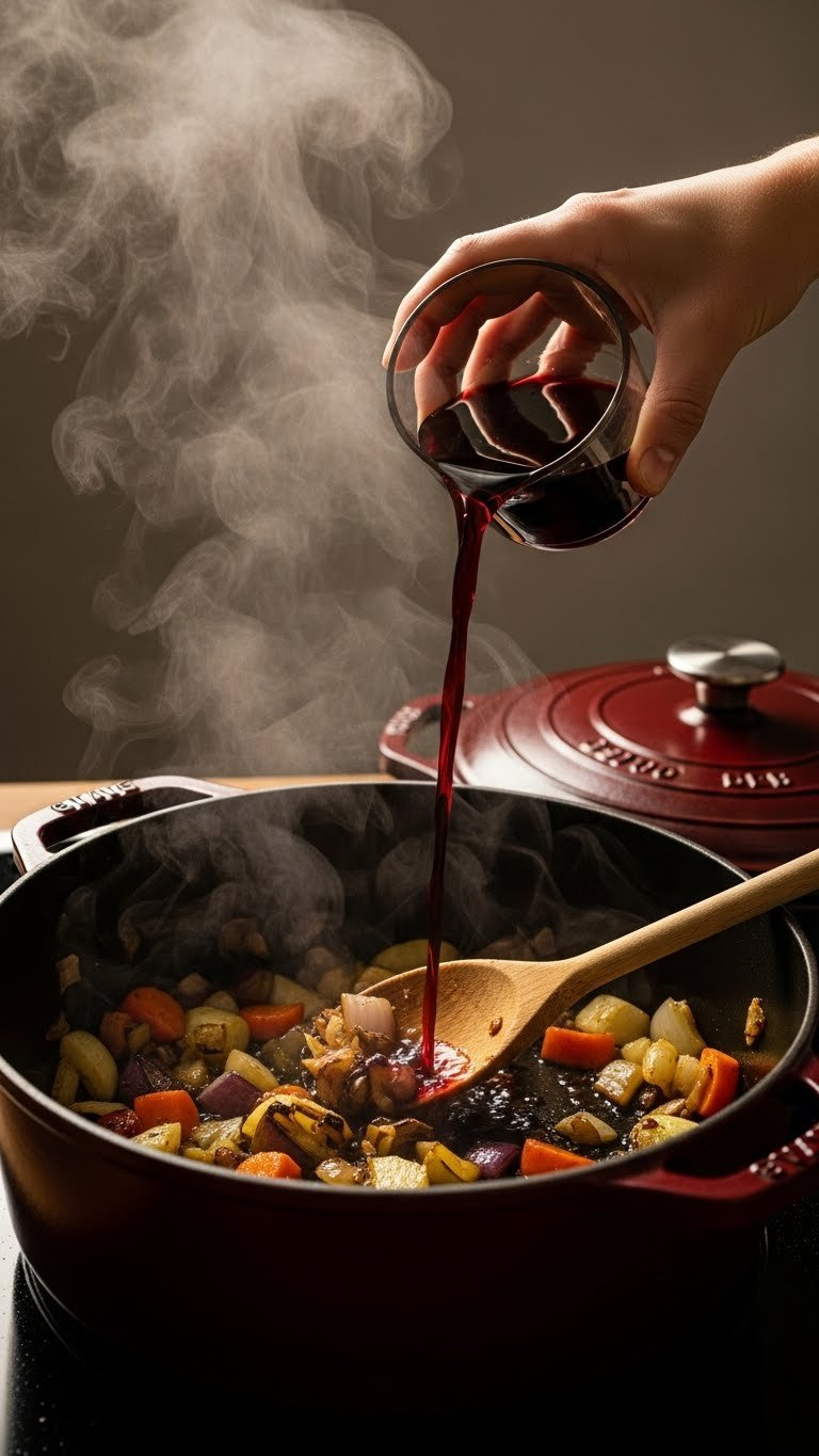 Hand Pouring Red Wine Into Dutch Oven With Sautéed Vegetables Creating Steam And Rich Sauce