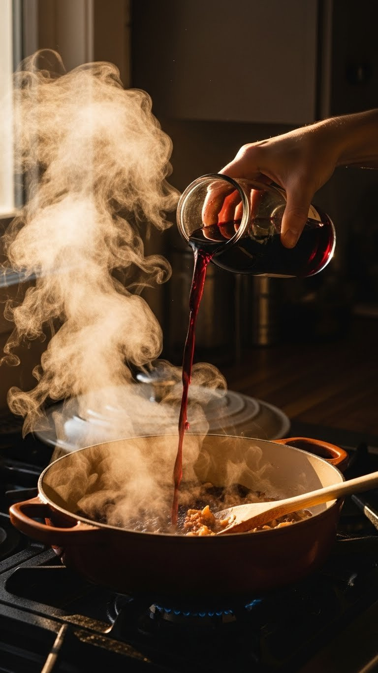 Hand Pouring Red Wine Into Hot Dutch Oven To Deglaze Pan With Steam Rising From Cooking Process